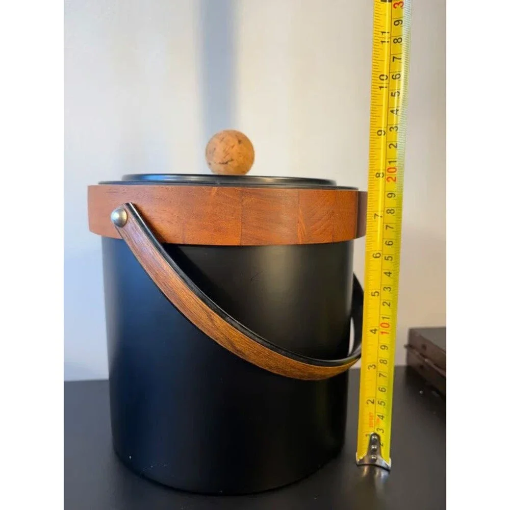 Mid Century Ice Bucket Black Body Teak Collar Swing Handle Cork Knob Barware